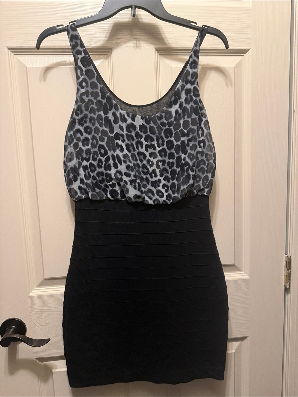 Express Grey Leopard Print & Black Bodycon Dress